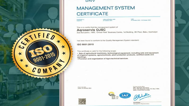 "Aqroservis" ASC İSO 9001:2015 keyfiyyət sertifikatına layiq görülüb