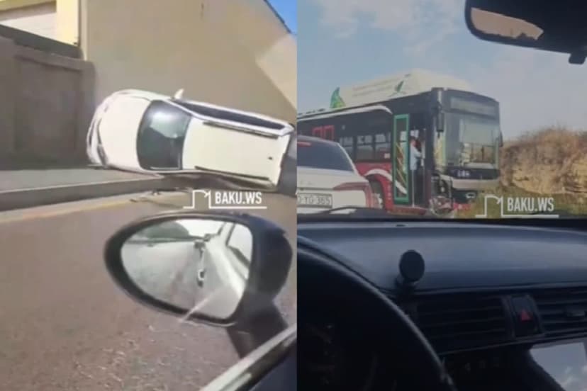 Hövsanda avtobusla toqquşan avtomobil aşdı (VİDEO)