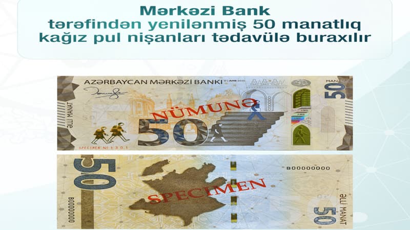 Azərbaycanda yeni 50 manatlar dövriyyəyə buraxıldı