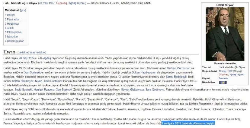 "Wikipedia" Habil Əliyevi "öldürdü" - FOTOFAKT