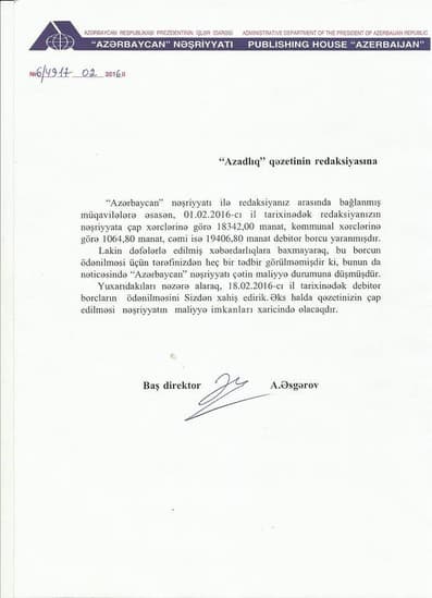 "Azadlıq" qəzetinə xəbərdarlıq edildi - MƏTN