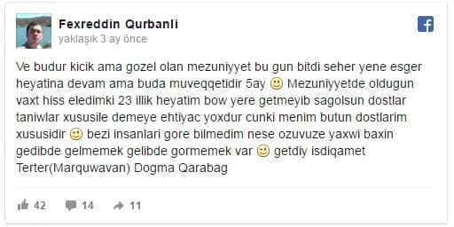 Şəhidimizin son "Facebook" statusu: "Getdik, istiqamət doğma Qarabağ!"