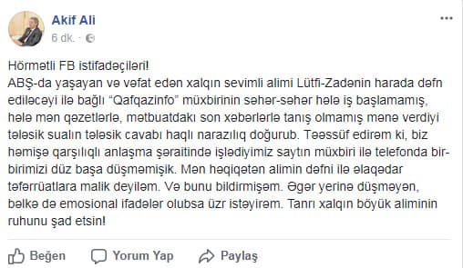 Akif Əli üzr istədi