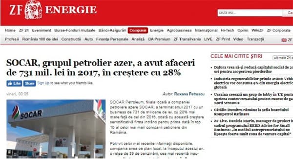Nüfuzlu maliyyə qəzeti SOCAR-ın Rumıniyadakı şirkətinin inkişafından yazdı
