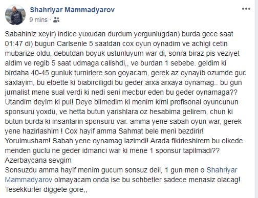 Şəhriyar Məmmədyarov sponsorsuzluqdan şikayətləndi