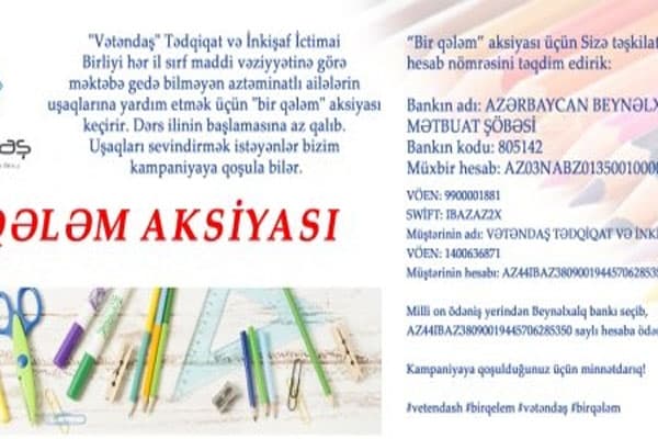 Aztəminatlı ailələrin övladları üçün “bir qələm” aksiyası start götürdü