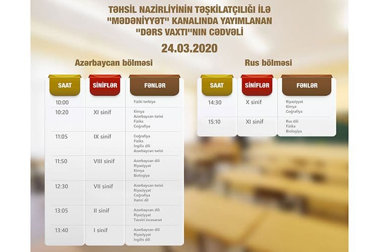 Təhsil Nazirliyi teledərslərin martın 24-nə olan cədvəlini açıqladı
