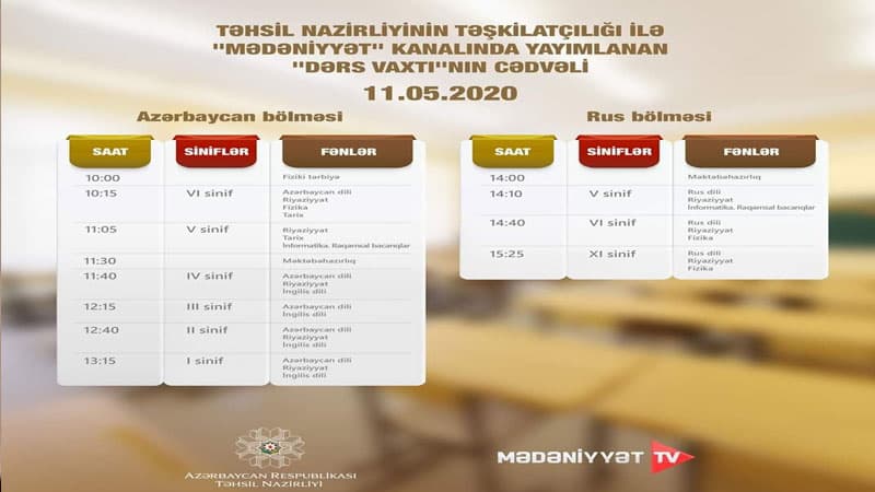 "Dərs vaxtı" verilişinin sabahkı cədvəli müəyyənləşdirildi