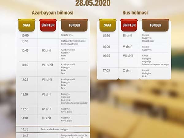 "Dərs vaxtı"nın 28 may cədvəli