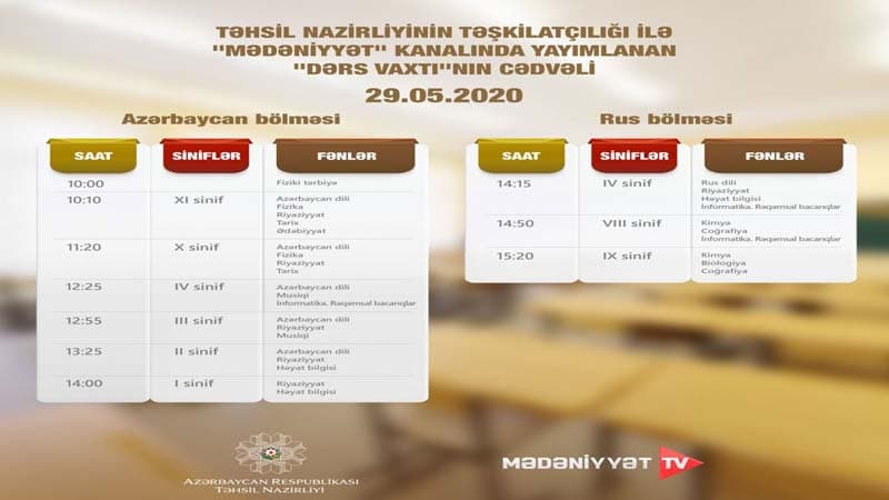 "Dərs vaxtı" verilişinin sabahkı cədvəli müəyyənləşdirildi