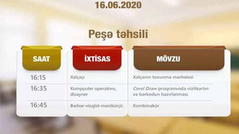 Peşə təhsili üzrə teledərslərin sabah üçün cədvəli
