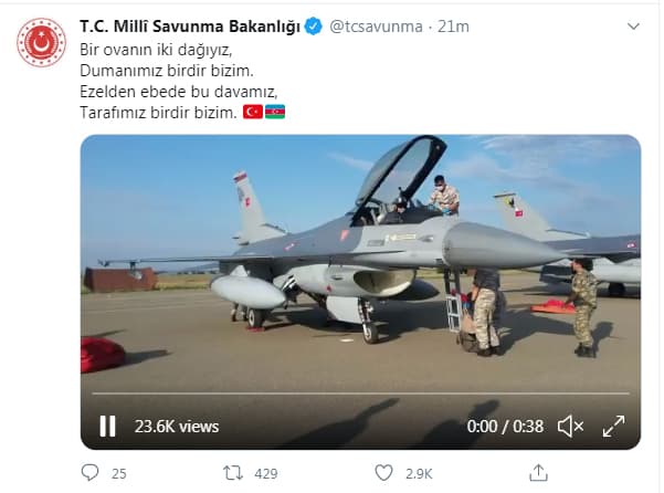 Türkiyə Müdafiə Nazirliyi Azərbaycana: “Tərəfimiz birdir bizim”