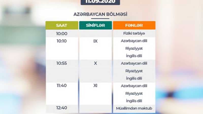 "Dərs vaxtının" sabaha olan cədvəli