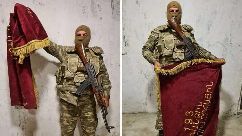 Ermənistanın ələ keçirilmiş döyüş bayraqlarının görüntüləri (FOTOLAR)