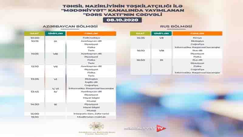 Teledərslərin oktyabrın 8-nə olan cədvəli (FOTO)