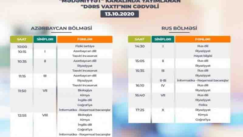 Teledərslərin oktyabrın 13-ə olan cədvəli