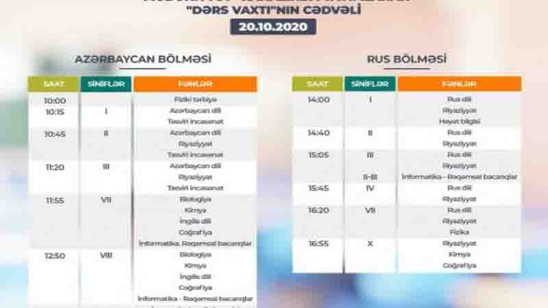 Teledərslərin oktyabrın 20-nə olan cədvəli