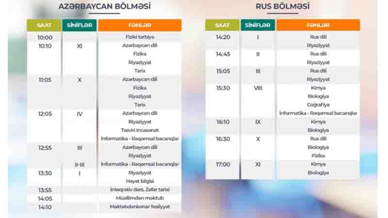 Teledərslərin sabaha olan cədvəli