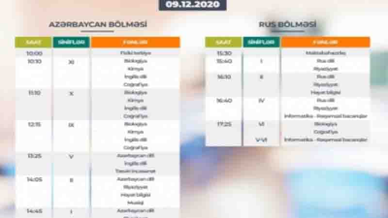 Teledərslərin dekabrın 9-na olan cədvəli açıqlandı