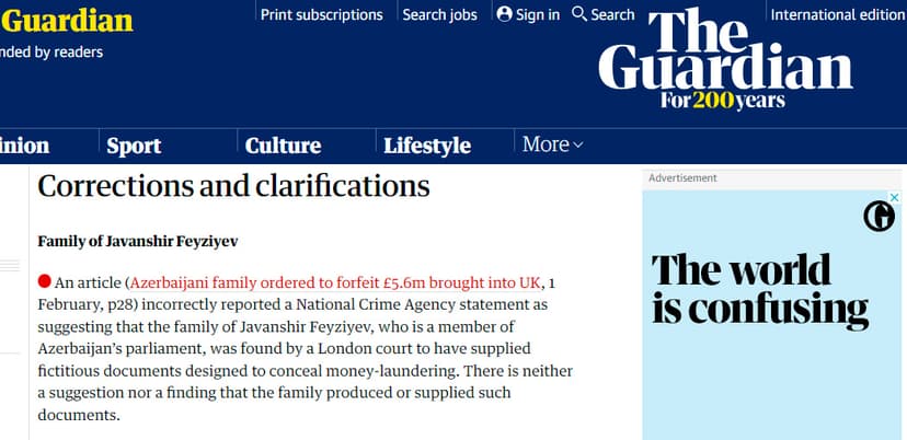 "The Guardian” qəzeti Cavanşir Feyziyevlə bağlı təkzib verdi