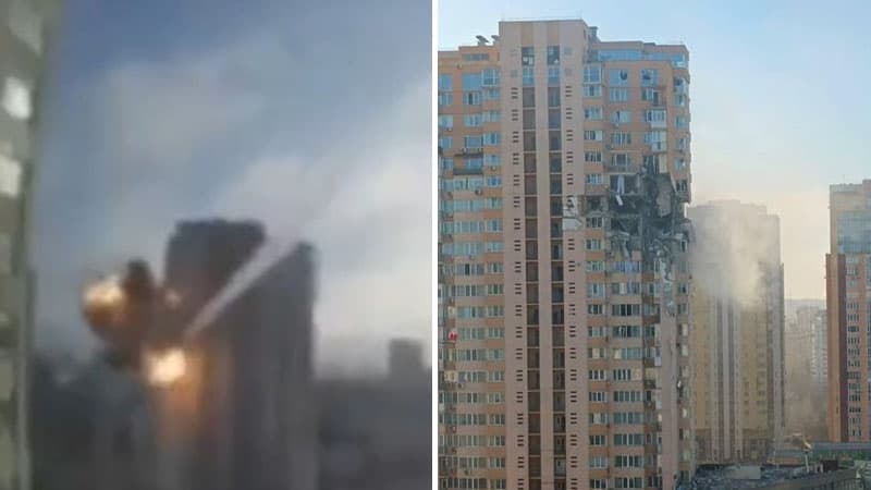 Kiyevdə yaşayış binasının vurulma anı (FOTO/VİDEO)