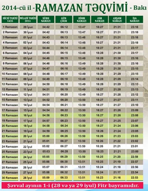 Azərbaycanda Ramazan ayı başladı - CƏDVƏL